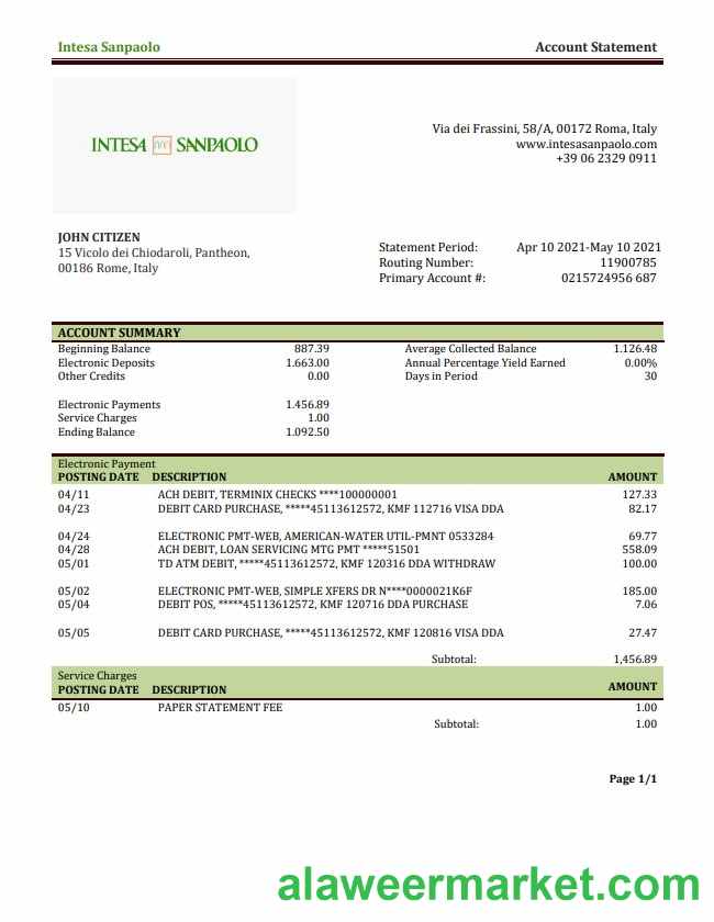 Italy Intesa Sanpaolo bank statement